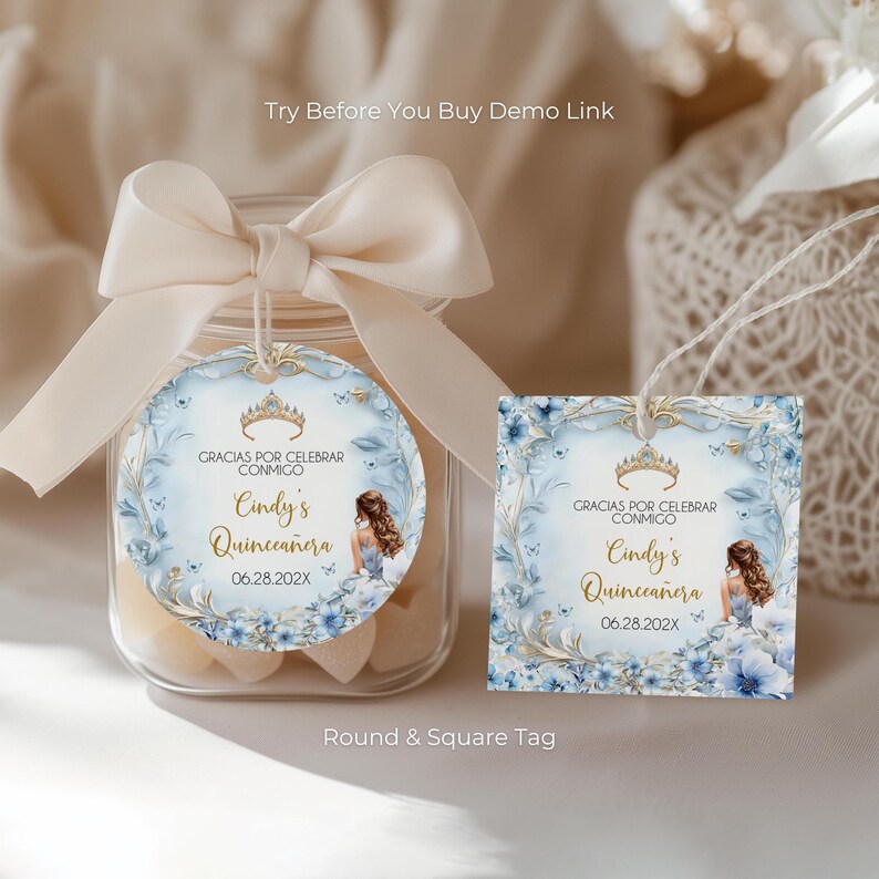 Spanish Elegant Blue & Gold Quinceanera Favor Tag, Quince Thank You ...