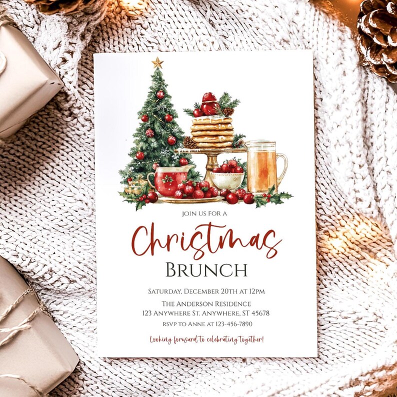 May include: Christmas Brunch invitation with watercolor illustrations of a decorated Christmas tree, pancakes, and a mug of beverage. The invitation text reads "Christmas Brunch" with event details and RSVP information.