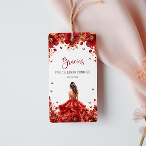 Editable Spanish Red Princess Floral Quinceanera Favor Tag, Quince Thank You Gift Tag, Quince Años Gift Tag, Mis Quince Party Favors, BD3012