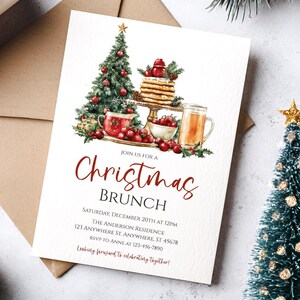 May include: A Christmas Brunch invitation with watercolor illustrations of a decorated Christmas tree, pancakes, berries, and a pitcher of juice. The invitation text is in a festive red script, with details for the event.