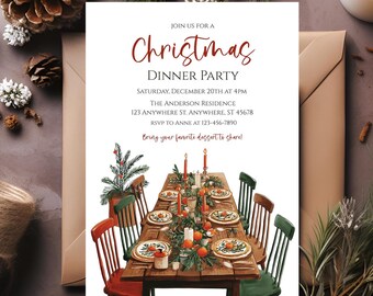 Puede incluir: Una invitación a una cena de Navidad con una ilustración en acuarela de una mesa festiva. La invitación incluye la fecha, la hora y el lugar. El texto es en rojo festivo, y el diseño es cálido y acogedor.
