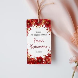 Spanish Red & Gold Floral Quinceanera Party Favor Tag, Quince Thank You Gift Tag, Editable Quince Gift Tag, Mis Quince Party Favors, BD3010