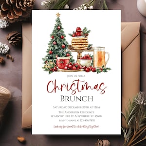 May include: Christmas brunch invitation with watercolor illustrations of a decorated Christmas tree, pancakes, and a mug of drink. The invitation text reads "Christmas Brunch" and includes event details.