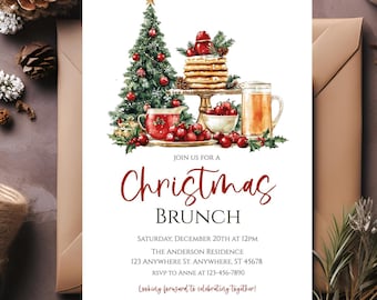 May include: Christmas brunch invitation with watercolor illustrations of a decorated Christmas tree, pancakes, and a mug of drink. The invitation text reads "Christmas Brunch" and includes event details.