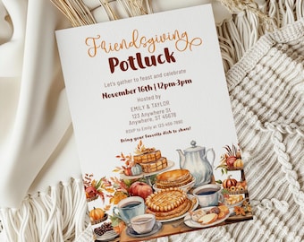 May include: A Friendsgiving potluck invitation with a watercolor illustration of a table setting with pies, coffee, and fall foliage. The text reads "Friendsgiving Potluck" and "Let's gather to feast and celebrate November 16th | 12pm-3pm".