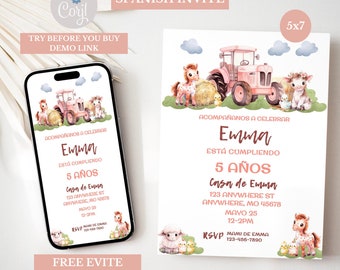 Spanish Editable Farm Birthday, Girl Farm Birthday, Editable Farm Birthday, Digital Invitation, Barnyard Farm Invitation Farmhouse, BD2030