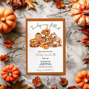 May include: Thanksgiving Potluck invitation featuring a watercolour illustration of a table laden with autumnal desserts, such as pies, cakes, and coffee. The invitation details the date, time, location, and contact information for the event. It also encourages guests to bring their favourite dish to share.