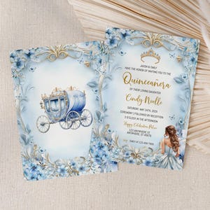 Elegante blauwe en gouden quinceanera-uitnodiging, blauwe prinsessenkweepeer uitnodigen, Sweet 16 uitnodigen, 15e verjaardag meisje, Mis Quince Años, BD3005