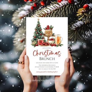 May include: A Christmas Brunch invitation with watercolor illustrations of a Christmas tree, pancakes, and cranberries. The invitation text reads "Christmas Brunch" with event details. The background features snowy evergreen branches.