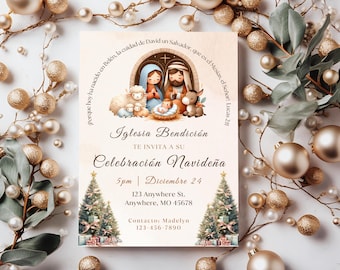 Invitación de Navidad, Natividad, Invitación religiosa, Cena de Nochebuena, Invitación navideña en español, Navidad cristiana, BD4040