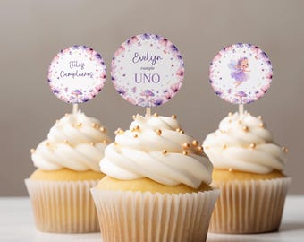 Editable Spanish Fairy Birthday Theme Cake Topper, Fairy Party, Fairy Cupcake Topper Template, Purple Pink Fairy, First Birthday, BD2060