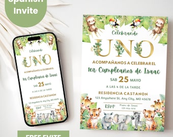 Spanish Wild One Birthday Invitation, Safari Boy Birthday, Jungle Party, First Birthday, Safari Animals, Editable Canva Invitation, BD2004