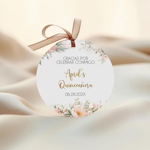 Spanish Pink Floral Quinceanera Party Favor Tag, Quince Thank You Gift Tag, Editable Pink Round Gift Tag, Mis Quince Party Favors, BD3004