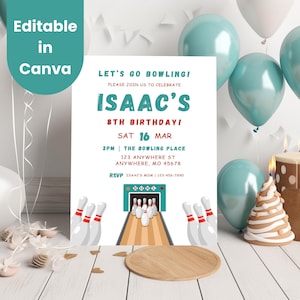 Bowling Party Birthday Boy Invitation, Kids Bowling Party, Arcade Party, Editable Canva Invitation, Let&#39;s Strike Up some Fun Pins