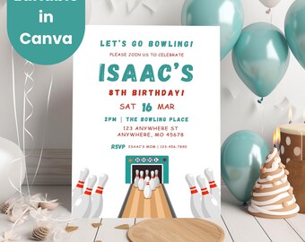 Bowling Party Birthday Boy Invitation, Kids Bowling Party, Arcade Party, Editable Canva Invitation, Let's Strike Up some Fun Pins