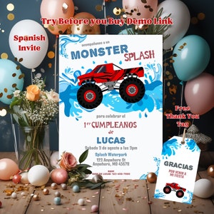 Spanish Monster Splash Invite, Monster Truck Waterslide, Pool Party Birthday, Bash Invite, Boy Birthday Invite, Boy First Birthday, BD2070