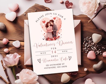 Valentines Day Invite, Editable Dinner Valentine, Valentine Party Event, Romantic Invite, Romantic Couple, Canva Template, Instant Download