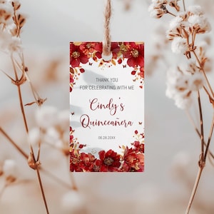 Editable Red & Gold Floral Quinceanera Party Favor Tag, Quince Thank You Gift Tag, Editable Quince Gift Tag, Mis Quince Party Favors, BD3009
