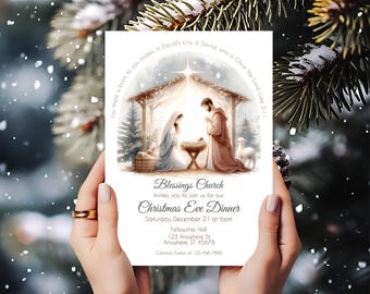 May include: A Christmas Eve dinner invitation from Blessings Church. The invitation features a watercolor illustration of the nativity scene with Mary, Joseph, and baby Jesus in a manger. The text reads "Blessings Church invites you to join us for our Christmas Eve Dinner Saturday, December 21 at 6pm Fellowship Hall 123 Anywhere St Anywhere ST 45678 Contact: Evelyn at 123-456-7890"