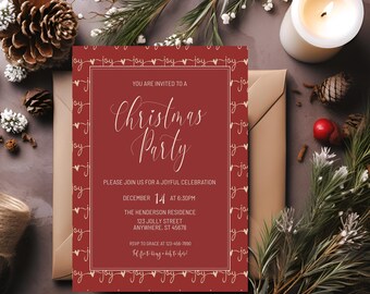 Editable Red and Beige Christmas Party Invite, Elegant Invite, Minimalist Red Christmas Party, Christmas Dinner Invitation, BD4043