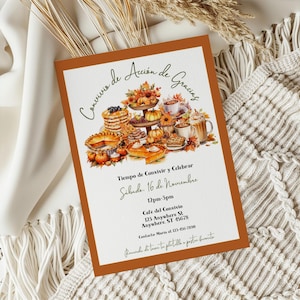 May include: A Thanksgiving invitation with a watercolor illustration of a table with pies, pastries, coffee, and fall leaves. The text reads "Convivio de Acción de Gracias" and includes the date, time, and location of the event.