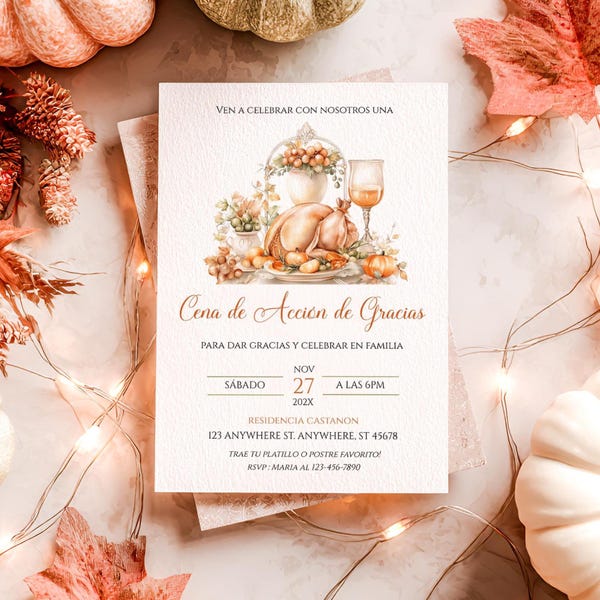 Spanish Thanksgiving Dinner Invitation, Cena de Acción de Gracias, Thanksgiving Dinner, Let's Gather to Celebrate Invitation, BD1054