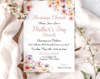 May include: A floral-themed invitation for a Mother's Day brunch at Blessings Church. The invitation features watercolor flowers in shades of pink, purple, and yellow. The text reads "Blessings Church, Please Join us for a Mother's Day Brunch, Honoring our Mothers, Let's celebrate all the beautiful moms in our lives! Sunday, May 12th, 2024 at 11am, Blessings Church, 123 Anywhere St, Anywhere, MO 45678, RSUP, Ashley 123-456-7890."