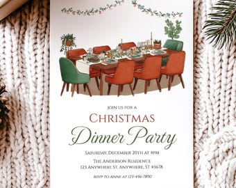 Puede incluir: Invitación a una cena de Navidad con una ilustración de una mesa de comedor preparada para una comida festiva. El texto de la invitación incluye la fecha, la hora y la información de RSVP. La invitación está sobre un fondo blanco.