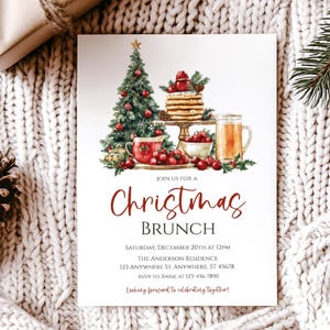 May include: A Christmas Brunch invitation with a festive watercolor design. The invitation features a Christmas tree, pancakes, and a mug of tea. The text reads "Christmas Brunch" and includes event details.