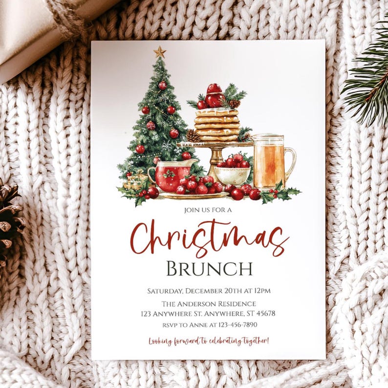 May include: A Christmas Brunch invitation with a festive watercolor design. The invitation features a Christmas tree, pancakes, and a mug of tea. The text reads "Christmas Brunch" and includes event details.