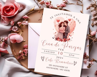 Spanish Valentine's Dinner Invitation, Dia de San Valentin, Invitation de Dia del amor, Valentines Party, Canva Invite, Editable, Romantic
