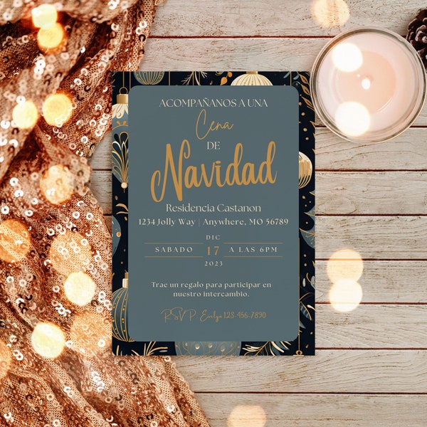 Spanish Christmas Dinner Invitation, Noche Buena, Invitacion Navideña, Intercambio de Regalo, Plantilla, Canva, Editable