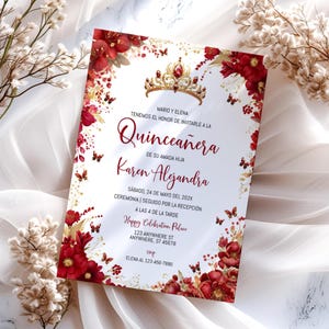 Spanisches Rot und Goldblumen Quinceanera einladen, rote Prinzessin Quitte einladen, Sweet 16 einladen, Mädchen 15