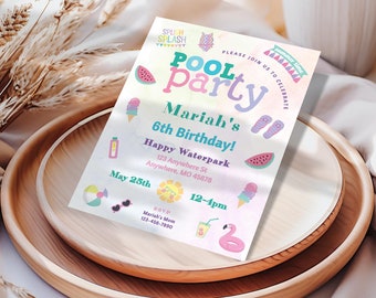 6th Birthday Pool Party Invitation, Printable Invitation, Swim Party, Girl Birthday, Summer Pool Party, Splash into Six, BD2045