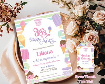 Spanish 2nd Birthday Ice Cream Invitation, Ice Cream Birthday, Two Scoops of Fun, Here's the Scoop, Pink Purple, Ice Cream Party, BD2088