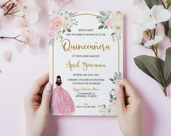 Soft Pink Floral Quinceanera Invitation, Blush Pink Quince Invite, Sweet 15 Invite, Sweet 16 Invite, 15th Birthday, Mis Quince Años, BD3001
