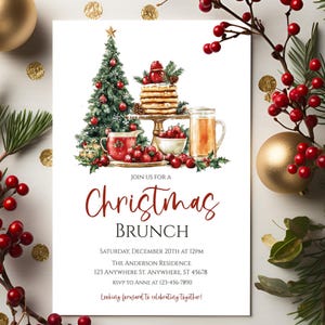 May include: Christmas Brunch invitation with watercolor illustrations of a decorated Christmas tree, pancakes, and a pitcher of juice. The invitation text is in a festive red script, with details for the event.