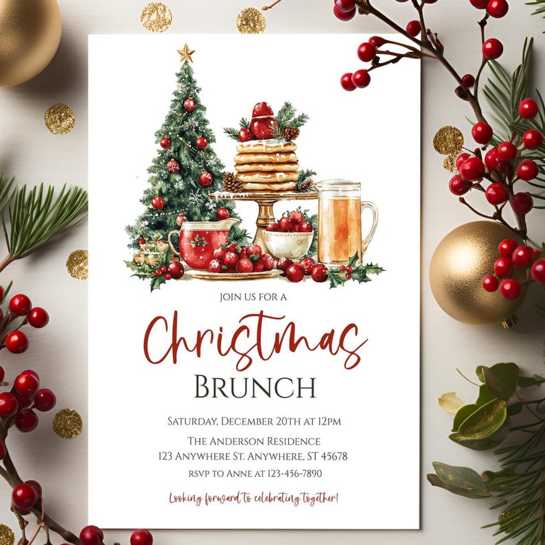 May include: Christmas Brunch invitation with watercolor illustrations of a decorated Christmas tree, pancakes, and a pitcher of juice. The invitation text is in a festive red script, with details for the event.