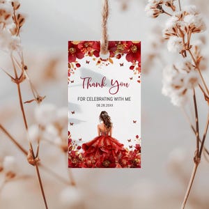 Editable Red Princess Floral Quinceanera Favor Tag, Quince Thank You Gift Tag, Quince Años Gift Tag, Mis Quince Party Favors, BD3011