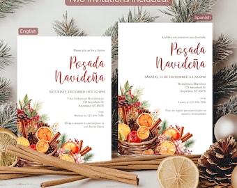 May include: Two printable invitations for a Christmas Posada party. The invitations feature a watercolor illustration of a basket filled with oranges, cinnamon sticks, pine cones, and other festive elements. The text on the invitations reads "Posada Navideña" in red and includes the date, time, and location of the party. The invitations are in English and Spanish.
