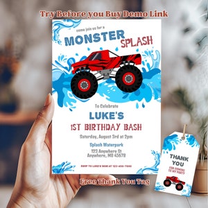 Monster Splash Birthday Invite, Monster Truck Waterslide, Pool Party Birthday, Bash Invite, Boy Birthday Invite, Boy First Birthday, BD2069