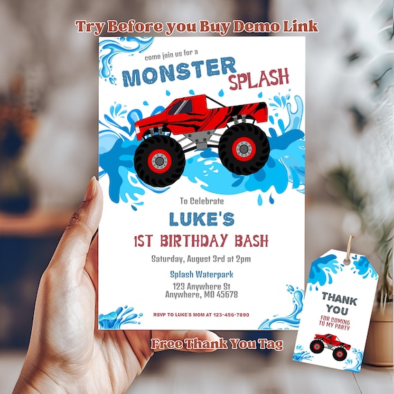 Monster Splash Birthday Invite, Monster Truck Waterslide, Pool Party Birthday, Bash Invite, Boy Birthday Invite, Boy First Birthday, BD2069