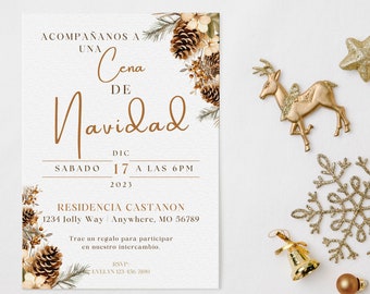 Invitación Navideña Española, Invitación Navideña Mínima, Invitación Cena de Navidad, Noche Buena, Vacaciones Latinas, Plantilla Editable, BD4024