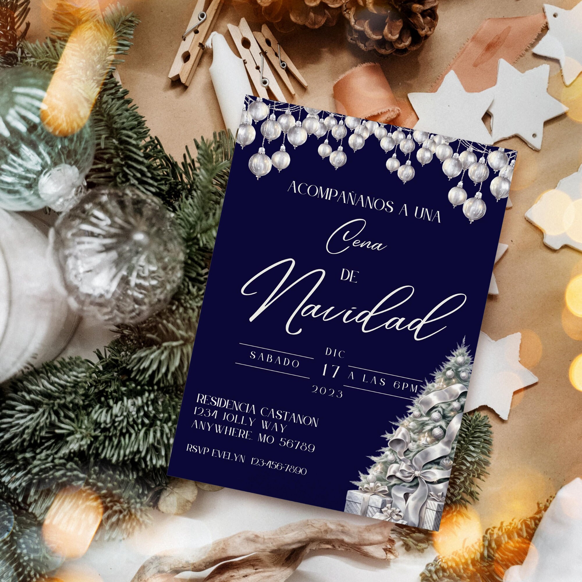Spanish christmas dinner invitation silver noche buena fiesta de