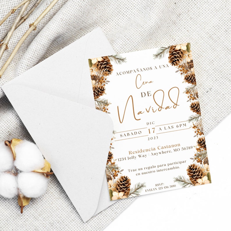 Invitación Navideña Spanish, Pinecones, Dinner Invite, Party ...