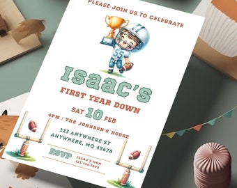 First Birthday Football Boy Invitation, First Year Down, Sport Invitation, Football Birthday, Sport Birthday, Canva Invitation, Boy Football