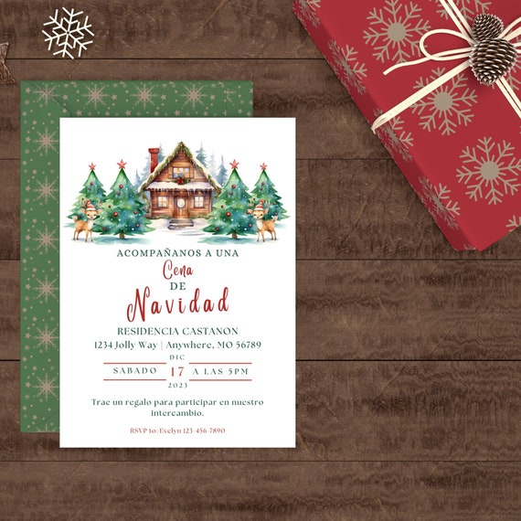 Spanish Christmas Dinner Invite, Reindeer, Noche Buena, Christmas Trees, Cottage, Snow, Editable, Canva Template, Instant Download, Digital