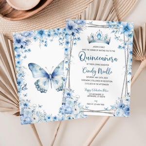 Blumenblau & Silber Quinceanera Einladung, Blaue Prinzessin Quince Invite, Sweet 16 Invite, Mädchen 15.Geburtstag, Mis Quince Años, BD3007