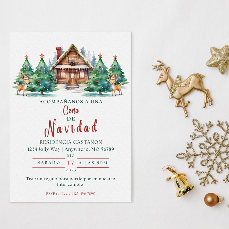 Puede incluir: Una invitaci&oacute;n a una cena de Navidad con una ilustraci&oacute;n de acuarela de una caba&ntilde;a en el bosque, dos ciervos y pinos. El texto dice "Acomp&aacute;&ntilde;anos a una Cena de Navidad" e incluye la fecha, la hora y la ubicaci&oacute;n del evento.
