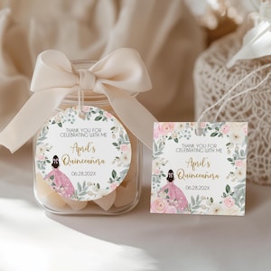 Soft Floral Pink Quinceanera Party Favor Tag, Quince Thank You Gift Tag, Editable Pink Round Gift Tag, Mis Quince Party Favors, BD3001
